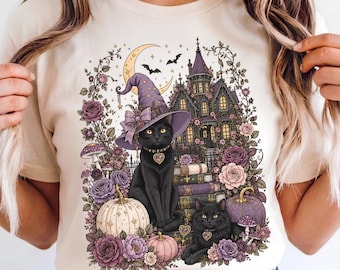 Schwarze Katze PNG, Spukhaus PNG, Lustiges Halloween-Shirt-Design, Trendy Geist PNG Download, Blumen Herbst Niedlich Girly Kürbis Sublimation Design