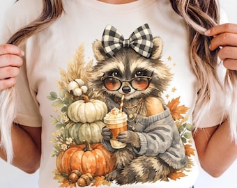 Waschbär Herbst PNG, lustiges Herbst Digital Design, Gemütlicher Herbst PNG, Retro Herbst Sublimation, süßes Waschbär Hemd PNG, Trendiger Aquarell Kürbis Png