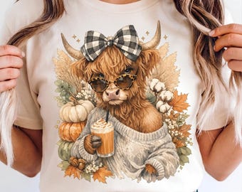 Highland Kuh Herbst PNG, lustiges Herbst Digital Design, Gemütlicher Herbst PNG, Retro Herbst Sublimation, Süßes Highland Kuh Hemd, Trendiger Kokette Herbst Png
