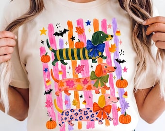 Bold Fall Dachshunds PNG, Colorful Maximalist Halloween Sublimation Design, Funny Doxie Dog Trendy Digital Download Spooky Season Mom Shirt