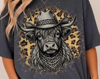 Western schwarze Kuh PNG, Vintage Kuh Sublimation, Distressed Cowboy Grafiken, Western Shirt Design, Rodeo Png, trendiges Leopard Print Png Design