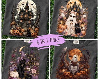 Spukhaus PNG Bundle, gruseliger Geist PNG, lustiges Halloween-Shirt-Design, trendiger Geist PNG Download, Blumen Herbst Girly schwarze Katze Sublimation