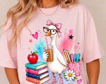 Adrette Gans Lehrer PNG, Zurück zur Schule Kokette Shirt Design Trendy Teach T-Shirt Grafik 1. Schultag Sublimation Lustiges Lehrerleben
