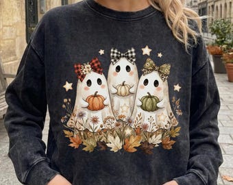 Geister Trio PNG, Gemütlicher Herbst PNG Süßes Halloween-Shirt Süßes gruseliges digitales Design Lustiger Geist PNG, Preppy Halloween Sublimation Trendiger Herbst Png