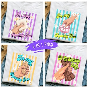 Könnte beinhalten: Vier weiße T-Shirts mit grafischen Drucken von Händen, die verschiedene Objekte wie ein Stück Brot, ein pfotenförmiges Spielzeug, eine Erdnuss und eine Schokoladentafel drücken. Jedes Design enthält vertikale Streifen, Gänseblümchen und den Text In my Squishy Era.