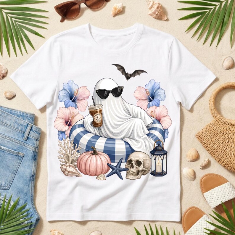 Op de afbeelding: Wit T-shirt met een cartoongeest met een zonnebril, ontspannen op een blauw-wit gestreepte zwemband. De geest houdt een koffiekopje vast, omringd door bloemen, een pompoen en een schedel.