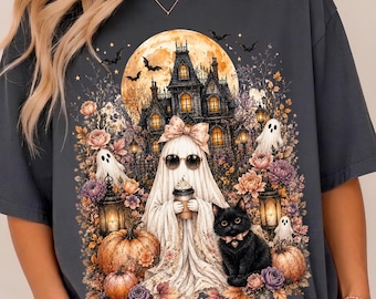 Süßer Girly Kürbis PNG, schwarze Katzen-Shirt-Design, Spukhaus PNG Download, gruseliger Geist-Sublimationsdesign, Blumenherbst-Halloween PNG