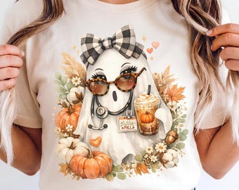 Krankenschwester Halloween Kokette PNG, süßes gruseliges Krankenschwester-Shirt Design, lustiges Geist-Stethoskop PNG Preppy Halloween Krankenschwester Sublimation Geist Krankenschwester Png