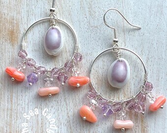 Purple Cowrie & Herkimer diamonds Hoop Earrings