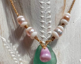 Sea Treasure Necklace (teal sea glass, pink pearls, purple cone shell, mini puka shells)