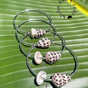 May include: Four silver-toned metal bangles, each featuring a unique cone-shaped seashell with brown and white patterns. Two bangles include an additional small white disc-shaped shell. The text Aloha Sea Candy and Size: Medium are visible.