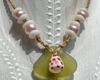 Sea Treasure Necklace (olive-green sea glass, pink freshwater pearls, natural puka shells, mini brown Hebrew cone shell)