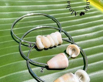 Sterling Silver Shell Bangle (Medium, 8", 12-gauge hand-hammered silver, puka shells)