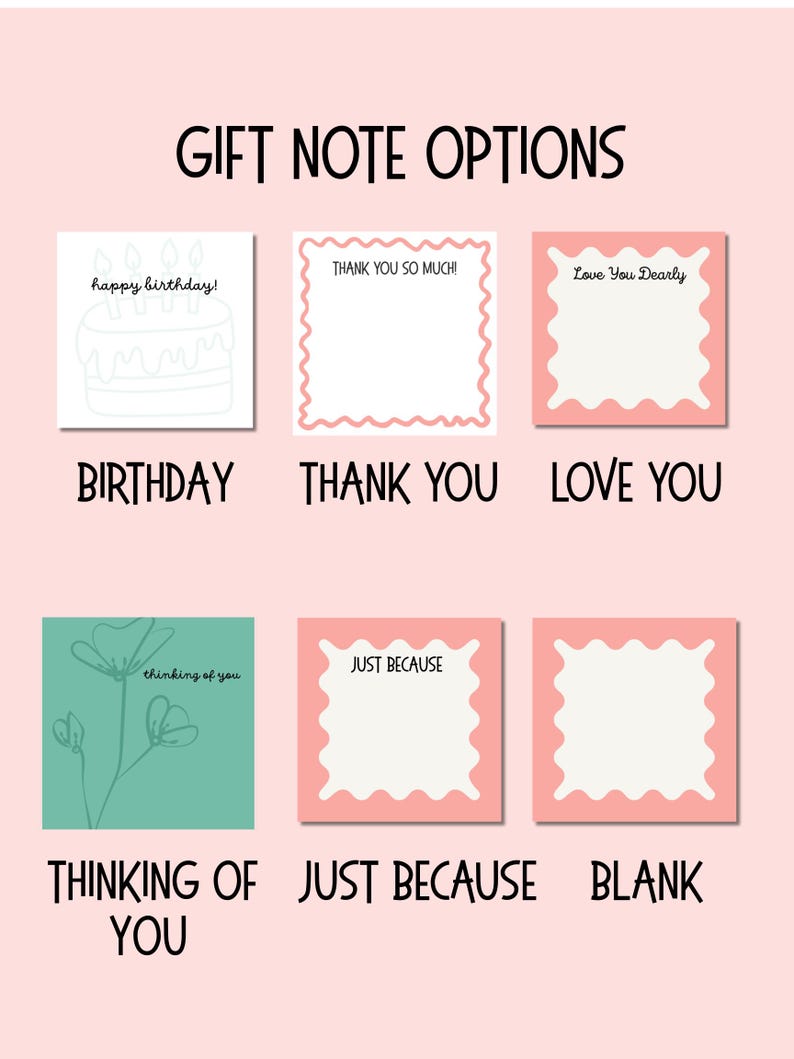 Op de afbeelding: Een verzameling van zes vierkante cadeaukaartjes op een lichtroze achtergrond. De kaarten bevatten verschillende ontwerpen, waaronder een verjaardagstaart, geschulpte randen en bloemillustraties met teksten zoals happy birthday, thank you so much, love you dearly, thinking of you en just because.
