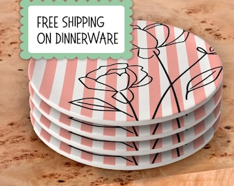 Juego de platos llanos para 4 personas, vajilla artesanal con rayas florales, vajilla ecléctica, vajilla de porcelana para el día a día, platos de postre únicos para agasajar a los invitados.
