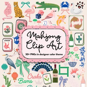 Könnte beinhalten: Eine Sammlung digitaler Illustrationen mit Mahjong-Steinen, Tieren wie einem Flamingo, Leoparden und Schwan sowie Schleifen, Fächern und Weinflaschen. Der zentrale Text lautet Mahjong Clip Art 50+ PNGs in designer color theme.