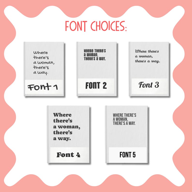 Op de afbeelding: Een weergave van vijf lettertypekeuzes voor een bord met de tekst Where there's a woman, there's a way. Elke optie toont de zin in een andere letterstijl, gelabeld Font 1 tot en met Font 5, gerangschikt op een witte achtergrond.