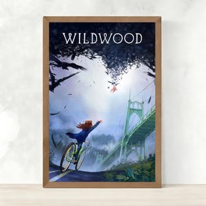 May include: A framed art print featuring the word "WILDWOOD" at the top. The artwork depicts a person on a bicycle reaching towards a bridge. The bridge is green, and the sky is filled with dark birds. The artwork is in a wooden frame.