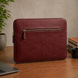 Full Grain Crazy Horse Leather Laptop Sleeve, 14 Inch Zipper Computer Case, Handmade Slim Portfolio, Business Gift