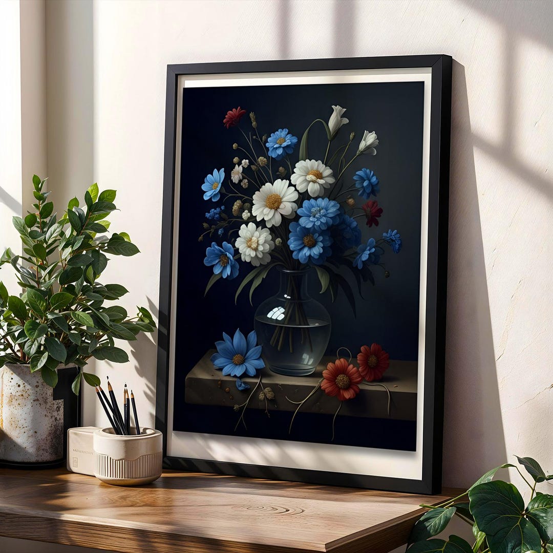 Floral Bouquet in a Glass Vase Art Print - Photorealism, Blue and White ...