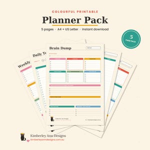 May include: A five-page printable planner pack featuring a Brain Dump sheet with colourful sections for tasks and goals. The pages include headers like Weekly and Daily To-Do, with text indicating A4 and US Letter sizes for instant download.