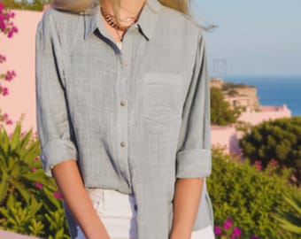 Linen Button Down Shirt, Oversized Long Sleeve Blouse, Minimalist Casual Work Office