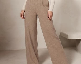 Pantaloni da donna in cashmere a gamba larga, vita alta, comodi e avvolgenti per l'inverno, pantaloni della tuta in morbida maglia