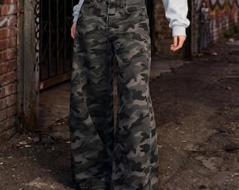 Jean ample à motif camouflage | Streetwear à jambes larges de l'an 2000 | Pantalon en jean Harajuku Techwear