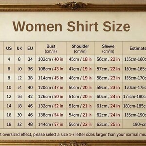May include: A Women Shirt Size chart in a decorative frame. The chart includes sizes S to 5XL, with measurements in inches and centimeters for bust, shoulder, and sleeve, along with estimated height in feet and inches.