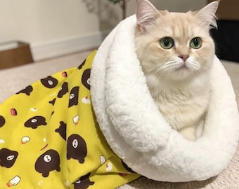 Self Warming Cat Bed | Plush Cat Sleeping Bag | Cozy Enclosed Cat Cave | Winter Cat Bed Indoor | Calming Pet Bed for Cats & Small Dogs