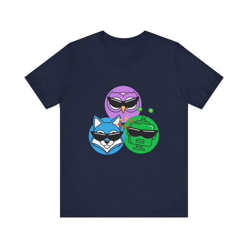 AI Comedy Mascot Trio FunnyFlash T-Shirt, Blind Judge Triptych 04, Official Nerd Humor Graphic Tee image 11