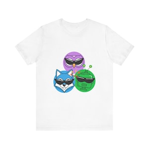 AI Comedy Mascot Trio FunnyFlash T-Shirt, Blind Judge Triptych 04, Official Nerd Humor Graphic Tee image 1