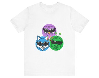 AI Comedy Mascot Trio FunnyFlash T-Shirt, Blind Judge Triptych 04, Official Nerd Humor Graphic Tee