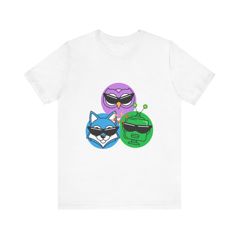 AI Comedy Mascot Trio FunnyFlash T-Shirt, Blind Judge Triptych 04, Official Nerd Humor Graphic Tee image 1
