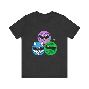 AI Comedy Mascot Trio FunnyFlash T-Shirt, Blind Judge Triptych 04, Official Nerd Humor Graphic Tee image 9