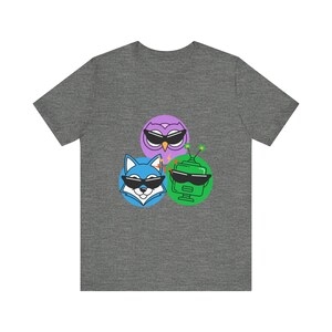 AI Comedy Mascot Trio FunnyFlash T-Shirt, Blind Judge Triptych 04, Official Nerd Humor Graphic Tee image 3