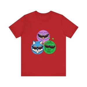 AI Comedy Mascot Trio FunnyFlash T-Shirt, Blind Judge Triptych 04, Official Nerd Humor Graphic Tee image 13