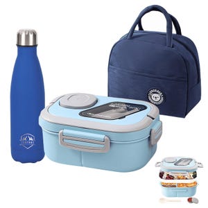 May include: A collection of lunch accessories: a blue water bottle, a light blue lunch box, and a navy blue lunch bag. The lunch box has a grey lid and a clear window. The lunch bag has a handle and a white patch with a bear illustration.