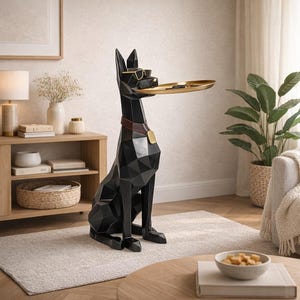 Può includere: Una scultura di cane geometrico nero con un vassoio dorato tenuto in bocca. Il cane indossa un collare marrone con un'etichetta dorata e occhiali da sole. Il vassoio contiene piccoli oggetti. La scultura è su un tappeto chiaro.