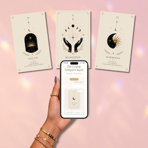 May include: Three rectangular oracle cards with cream backgrounds and black and gold celestial illustrations, labeled Truth, Manifest, and Harmony. A smartphone displays the Cosmic Whisper Oracle app interface, showing card details and digital deck navigation.