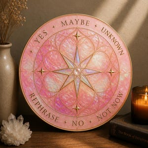 Könnte beinhalten: Ein rosa-goldenes Wahrsagebrett mit den Worten "Ja", "Vielleicht", "Unbekannt", "Noch nicht", "Nein" und "Umformulieren". Das Brett hat ein Sterndesign und ist von anderen Objekten umgeben, darunter eine Kerze und ein Buch.