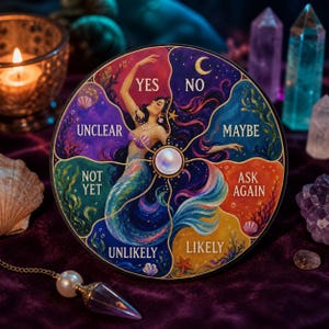 Puede incluir: Un tablero de adivinación circular con una perla central y una ilustración de sirena, dividido en secciones etiquetadas como YES, NO, MAYBE, ASK AGAIN, LIKELY, UNLIKELY, NOT YET y UNCLEAR. El diseño colorido incluye elementos acuáticos como conchas y algas.