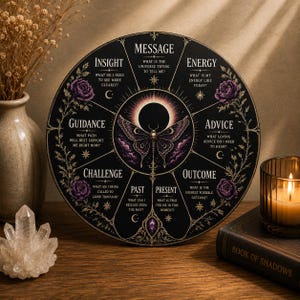 Puede incluir: Una rueda de adivinación negra con detalles morados y diseños florales. La rueda presenta secciones etiquetadas como "Insight", "Guidance", "Challenge", "Past", "Present", "Outcome", "Advice", "Energy" y "Message". Una ilustración de polilla está en el centro.
