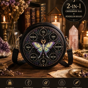 May include: A round black crossbody bag featuring a central moth illustration surrounded by a pendulum board design with text including YES, SOON, TRANSFORM, NOT YET, NO, REFLECT, TRUST, and REPHRASE. The bag has gold-tone hardware and an adjustable strap.