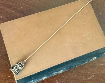 Antique Victorian Edwardian Hatpin Openwork Monogram Top Silver Tone 9 Inch