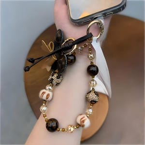 CrystalPhoneCharm：SparklyWristStrapLanyardMickey Leopard Beaded Phone Charm, HandmadeWristlet Lanyard Personalized Gemstone PhoneStrap,