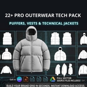Pack technique de 22+ vêtements d'extérieur PRO | Vecteur de veste matelassée | CAO streetwear | Compatible avec Canva et l'IA | Modèle de conception technique
