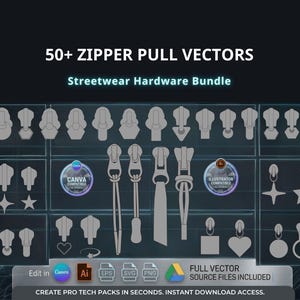 Może przedstawiać: Grafika cyfrowa z ponad 50 wektorami suwaków zamków błyskawicznych w różnych kształtach. Tekst brzmi "50+ ZIPPER PULL VECTORS" i "Streetwear Hardware Bundle". Zawiera kompatybilność z Canva i Illustrator.