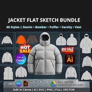 May include: Digital illustration of a jacket flat sketch bundle, featuring diverse jacket styles such as denim, bomber, puffer, varsity, and vest designs. The image includes the text "JACKET FLAT SKETCH BUNDLE" and "68 Styles".