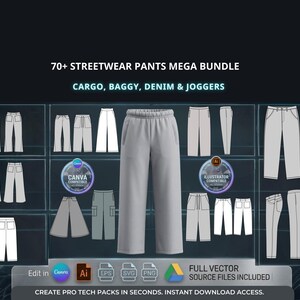 80 Streetwear Pants Tech Pack Bundle Cargo Baggy Denim Joggers Vector CAD Templates